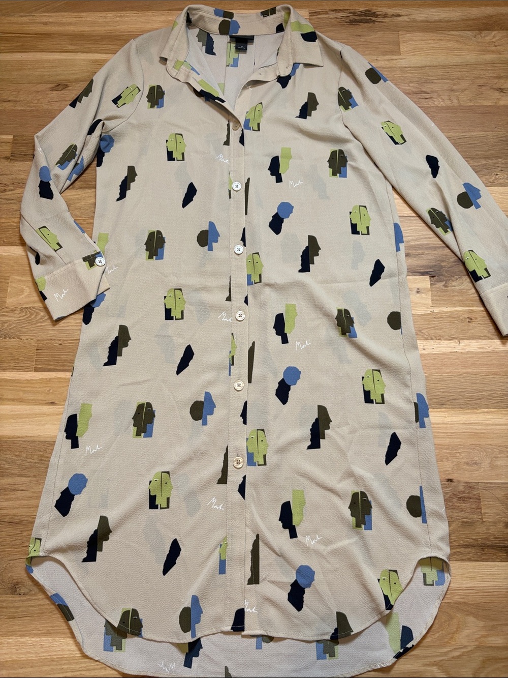 Monkl Beige Collared T-Shirt Dress with Green and Blue Abstract Print Womens M